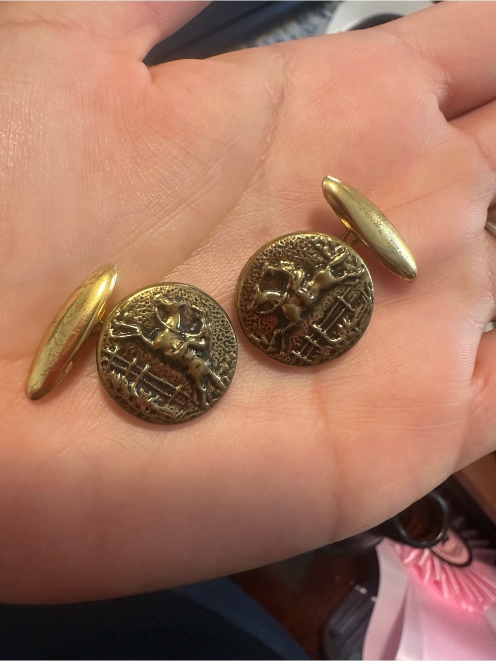 Antique Brass Equestrian Horse Jumping Button Cufflinks - Gold